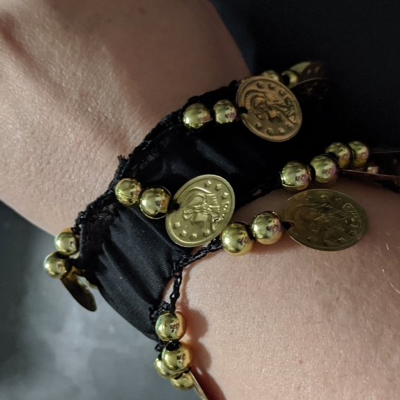 Black Fabric and Gold Tone Coin Stretchy Statement Bracelet - Picture 2 of 4
